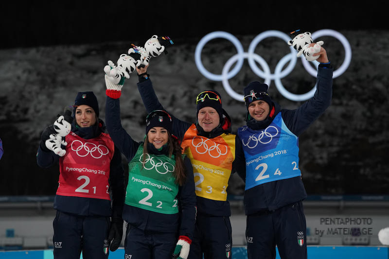 Olympics Winter Games PyeongChang 2018. 2x6 Km Women + 2x7,5 Km Men Mixed Relay Bronze Medalist Representing Italy Lisa Vittozzi Dorothea Wierer Lukas Hofer Dominik Windisch Alpensia Biathlon Centre (KOR), 20/02/2018 Photo: Pentaphoto / Giovanni Auletta